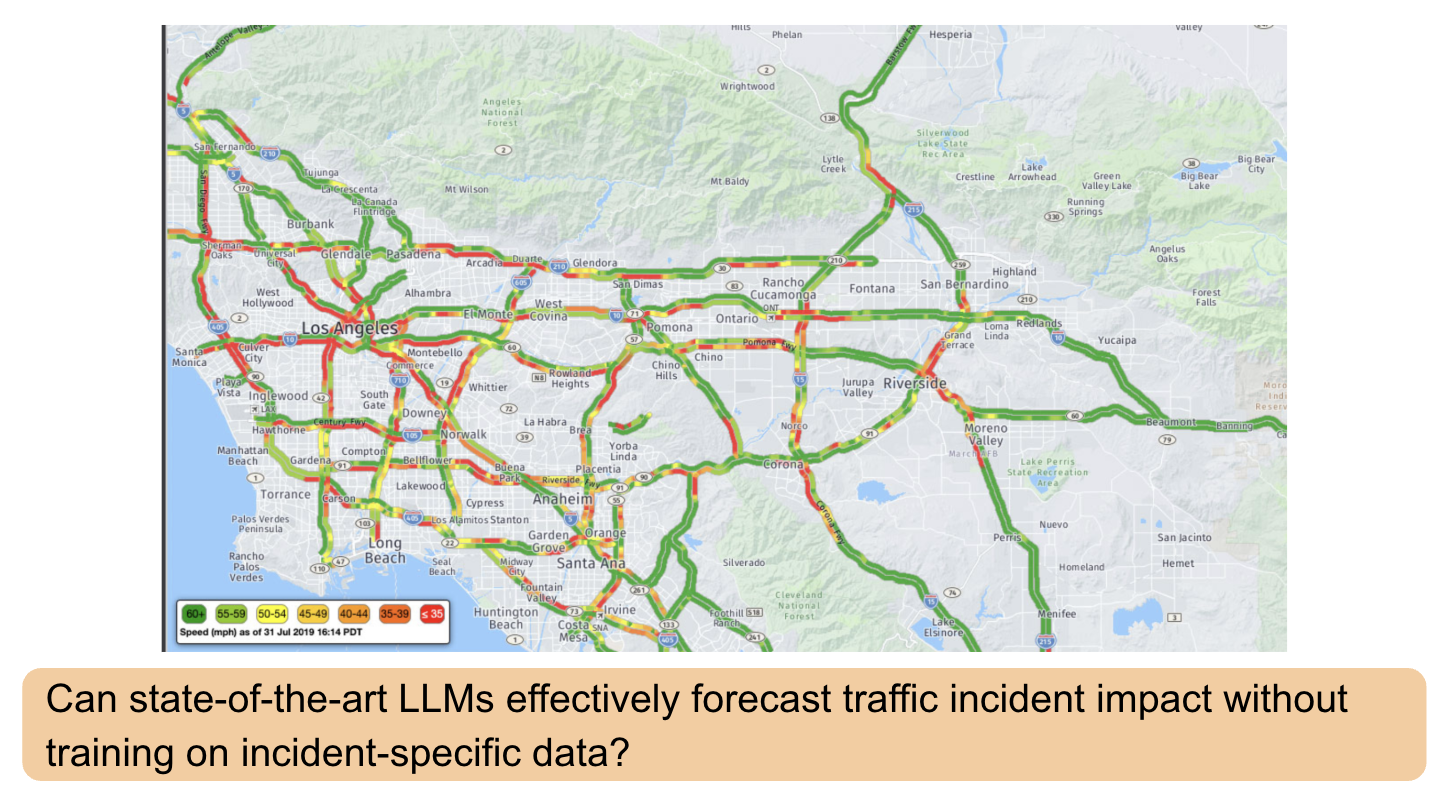 Congestion map of the Los Angeles road network above the question: can state-of-the-art LLMs forecast traffic incident impact without training on incident-specific data?